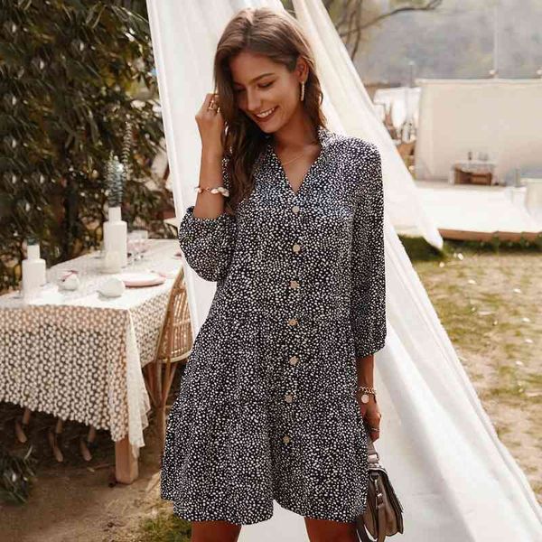 Sommer Frühling Frauen Kurzes Kleid Hülse mit drei Vierteln V-Ausschnitt Dot bedruckt mit Knöpfen Slim Casual Lose Vestidos Feminina 210325