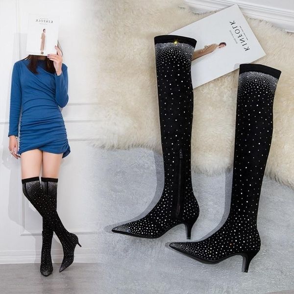 

boots heel thin simple high winter suede pointed plush knee, Black