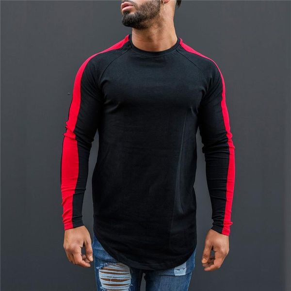 

men's t-shirts men casual hip hop streetwear mens patchwork long sleeve o-neck t shirt male gym bodybuilding running tee, White;black