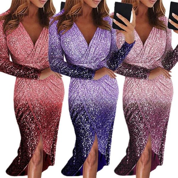 

casual dresses s women deep v neck gradient color front wrapped hem shiny sequins midi dress, Black;gray