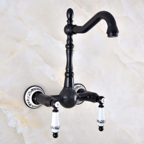 

black oil rubbed bronze bathroom kitchen sink faucet mixer tap swivel spout wall mounted two handles mnf862 faucets