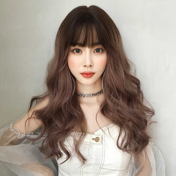 

wig women's gradual change big wave curly head set air bangs fashion long hair, Black