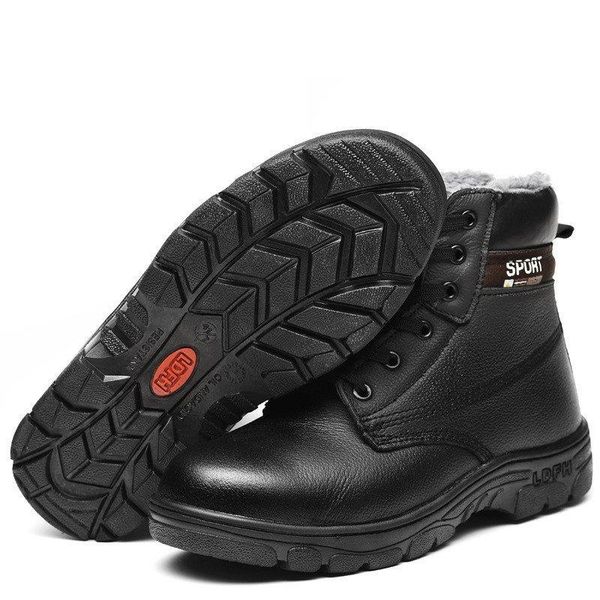 Botas de trabalho ao ar livre inverno quente aço toe sapatos de segurança couro bota de neve homens anti esmagamento piercing p8eg