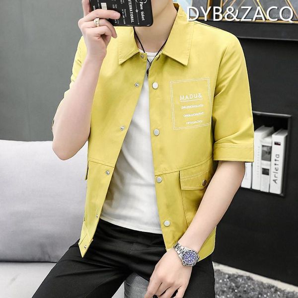 

men's jackets summer middle sleeve jacket men lapel simple casual overalls on the clothing trend handsome shirt thin yellow, Black;brown