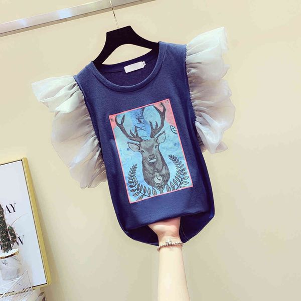 

tee mesh stitching ruffles short sleeve summer t-shirt women shirt, White