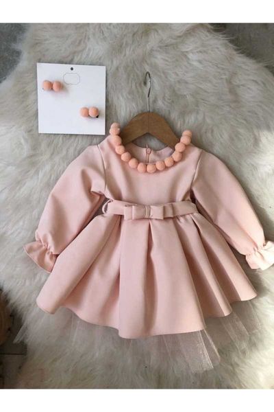 

flaneur baby girl powder long sleeve dress with hair clip for special occasions pemium quality girl's dresses, Red;yellow