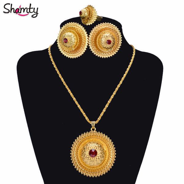 Shamty Habesha Red Stone Jewelry Conjuntos Nupcial Pura Cor Do Ouro Do Casamento Na moda Africano Etíope Sudão Nigéria Eritreia Kenya A30031 H1022