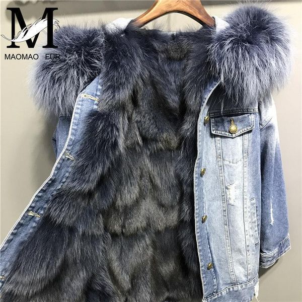

women's down & parkas winter women denim jacket with real fur lining big raccoon hooded collar parka overcoat genuine coat1, Black