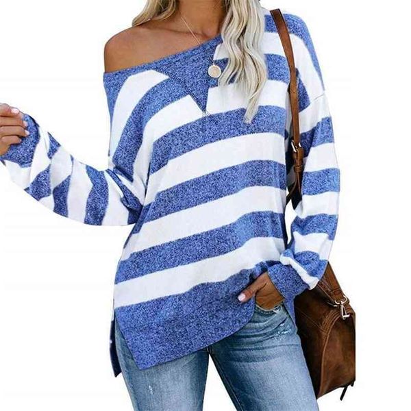 

autumn large size women loose color contrast stripe t shirt casual long sleeve oversized tee fashion ladies 210522, White
