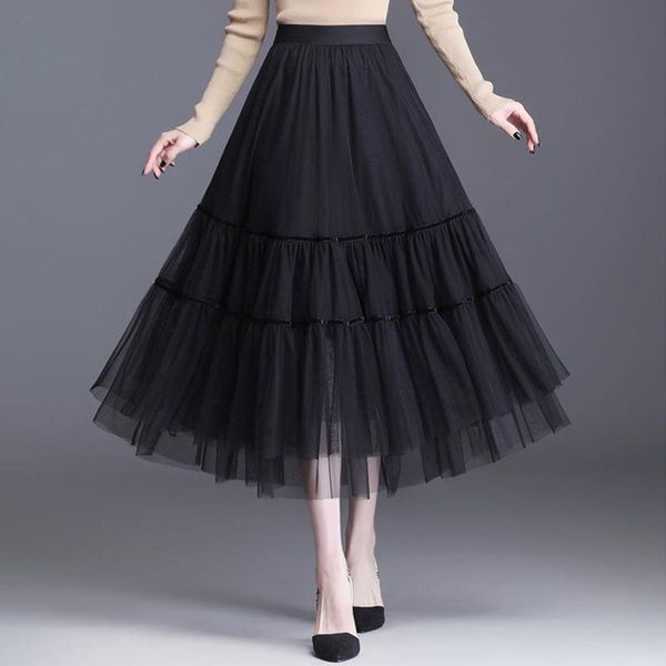 

skirts 2021 summer fashion women elastic high waist elegant tulle cake solid vintage large hem pleated mesh chic z287, Black