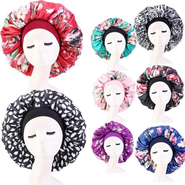 

beanie/skull caps large night sleep cap hair bonnets satin head cover wide elastic band loss women hat soft printing beanie, Blue;gray