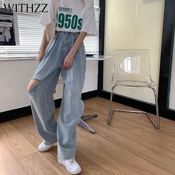 

women's jeans withzz spring autumn women loose straight pants blue hole denim casual high waist female