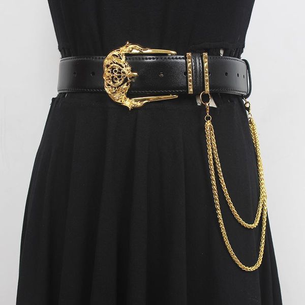 

belts [ewq] women's leather heavy industry metal buckle chain decorative black belt female 2021 16e4650, Black;brown