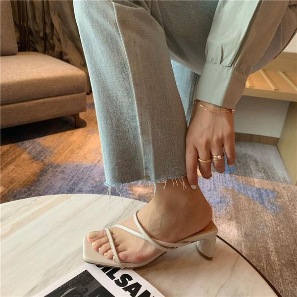 

elegant brand design shoes women narrow band slipper sandals square heel summer, Black