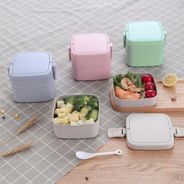 

dinnerware sets eco-straw square double layers lunch box ( can be used in microwave oven ) with straw spoon, necessity for going to school/w