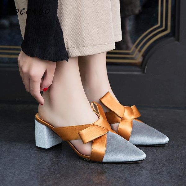 

slippers fairy half female summer fashion 2021 spring style wearing pointed bow korean baotou thick heel, Black