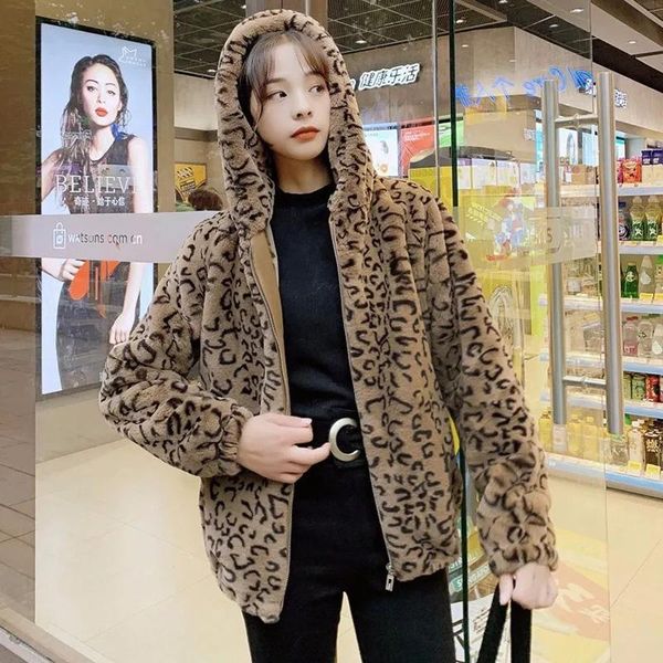 

women's fur & faux leopard lamb coat women winter thicken warm hooded vintage jacket casual korean fashion zipper short overcoat, Black