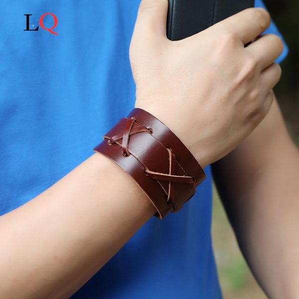 

charm bracelets punk exaggerated wide brown genuine leather bracelet for men vintage retro creative wrap bangle jewelry, Golden;silver