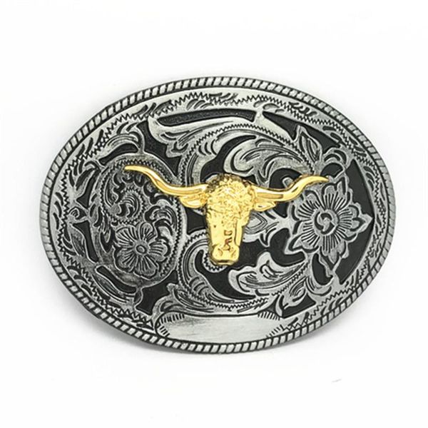 

western cowboy zinc alloy rope buckle with long horn bull rudder right cut belts, Black;brown