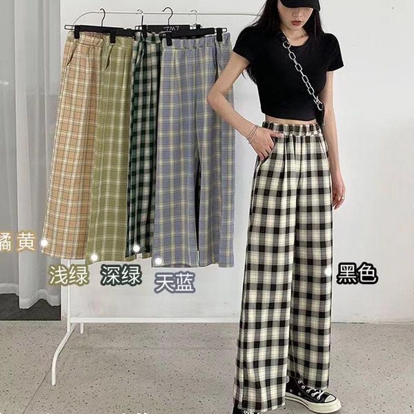 

women's pants & capris korean plaid spring fashion 2021 wide leg women printed high waist xl, Black;white