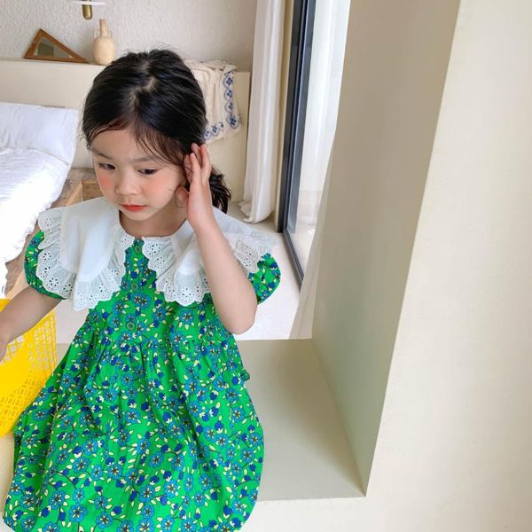 

summer children kids vintage floral print lace lapel collar short sleeve princess party girls pleated casual dress vestidos girl's dres, Red;yellow