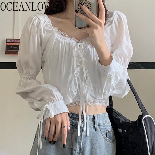 

women's blouses & shirts oceanlove spring summer women solid lace up long sleeve slim blusas vintage short 2021 ropa mujer fashion, White