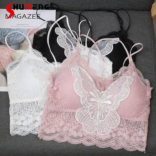

fashion embroidered butterfly beaded lace sling girls base tube versatile inner match wrapped chest strap camisoles & tanks, Black;white
