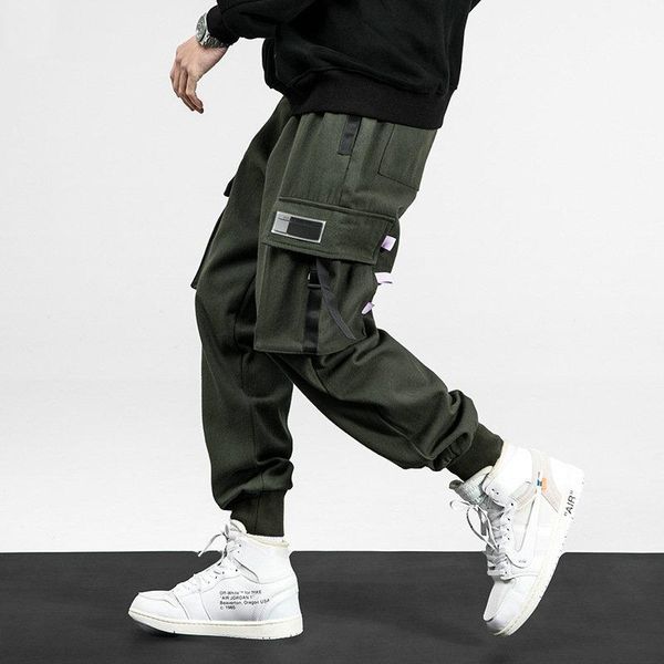 

multi-pocket men's jogging pants ribbons sweatpants casual trousers male 2021 cargo men elastic waist loose, Black
