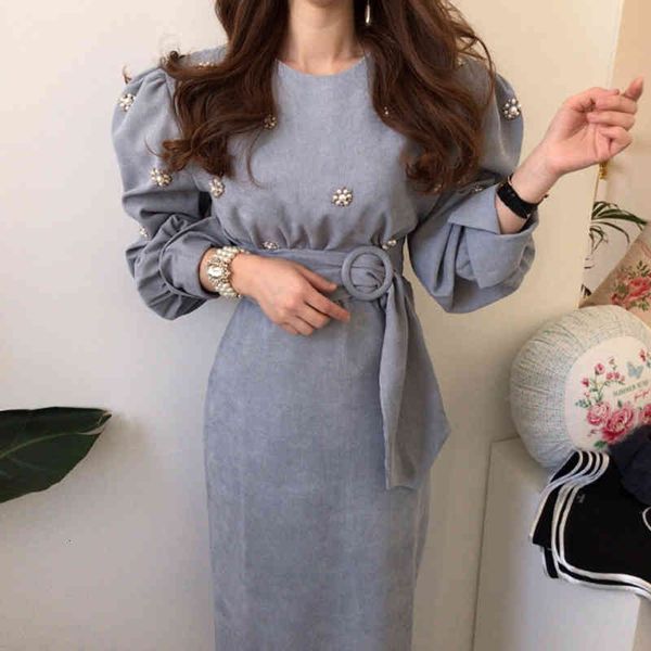 

dress autumn winter es for women long sleeve o-neck solid color korean style elegant high waist ladies with belt vestidos h7lc 9j2w, Black;gray