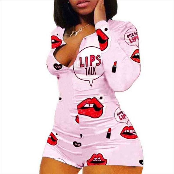 

Fashion Sexy V Neck Womens Romper Bodycon Sleepwear Bodysuit Shorts Long Sleeve Lips Print Button, Black;white