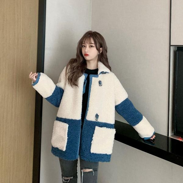 

women's jackets elegant patchwork faux fur coat women 2021 winter warm soft double breasted jacket female plush overcoat with pocket, Black;brown