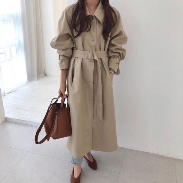 

women's trench coats hzirip minimalist women 2021 khaki vintage all match retro elegant ol overcoat chic loose windbreaker, Tan;black