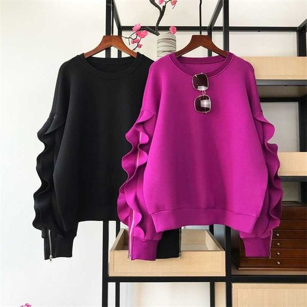 Moletom feminino sudaderas con capuca solta retro preto o pescoço algodão fungo hoodies outono moda manga longa zíper tops 211109