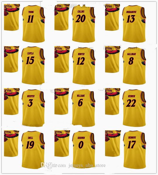 

2021 2022 city yellow basketball jerseys trae young john collins bogdan bogdanovic de'andre hunter danilo gallinari kevin huerter lou w, Black;red