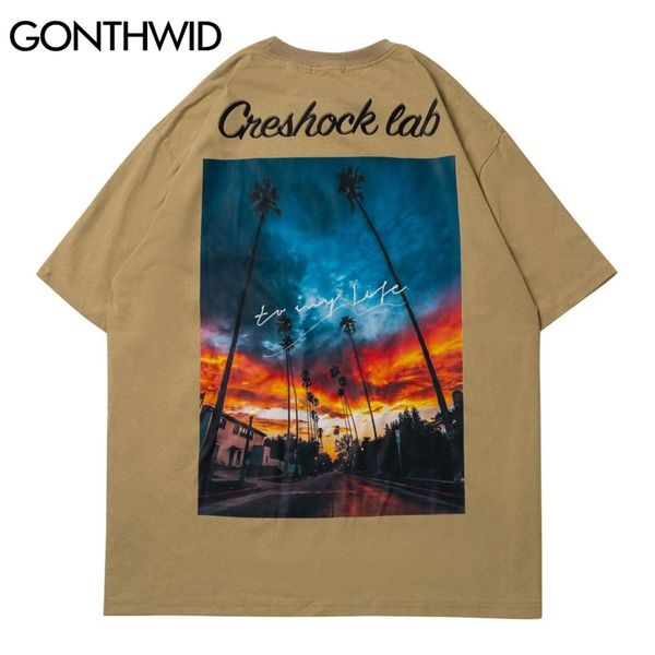 

tees shirts hip hop sunset landscape print streetwear tshirts harajuku fashion summer short sleeve cotton t-shirts 210602, White;black