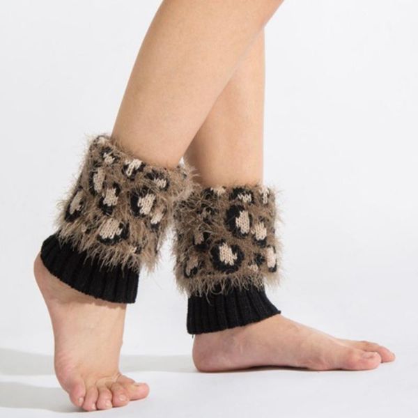 

cover shoe accessories leopard print imitation fur boot leg warmer ladies quilted acrylic knit sleeve sock sports socks, Black