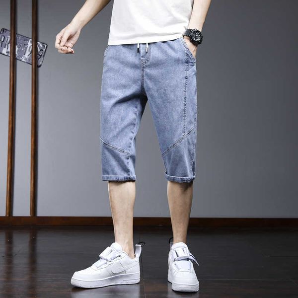 

men's jeans korean casual jeans capris summer thin fashion light color elastic pants mid waist, Blue