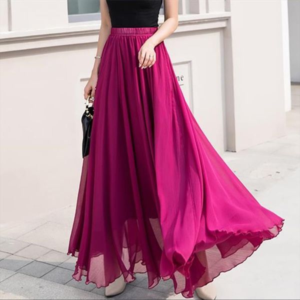 

fashion faldas high waist women skirt solid chiffon summer long womens a line saia maxi 16 colors, Black