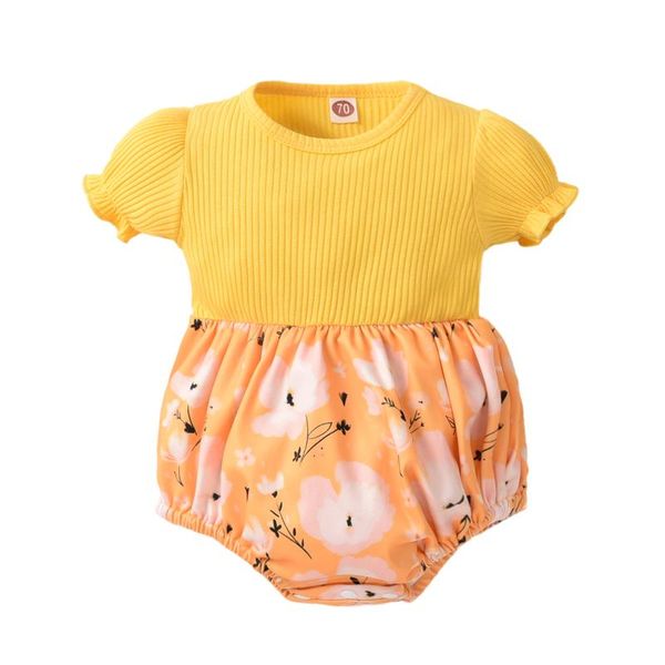 

rompers opperiaya summer baby girl clothing casual bodysuit yellow floral printed pattern short sleeve round collar jumpsuit one-piece, Blue