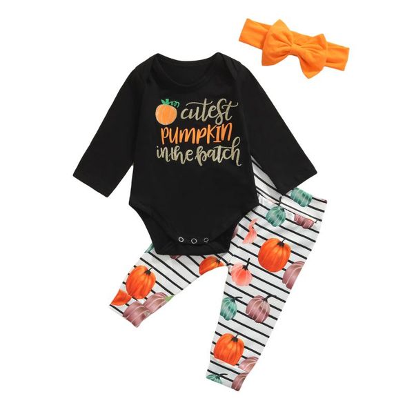 

clothing sets 3pcs clothes set halloween baby girls boys cute pumpkin letter print long sleeve romper striped pant headband 0-24m, White