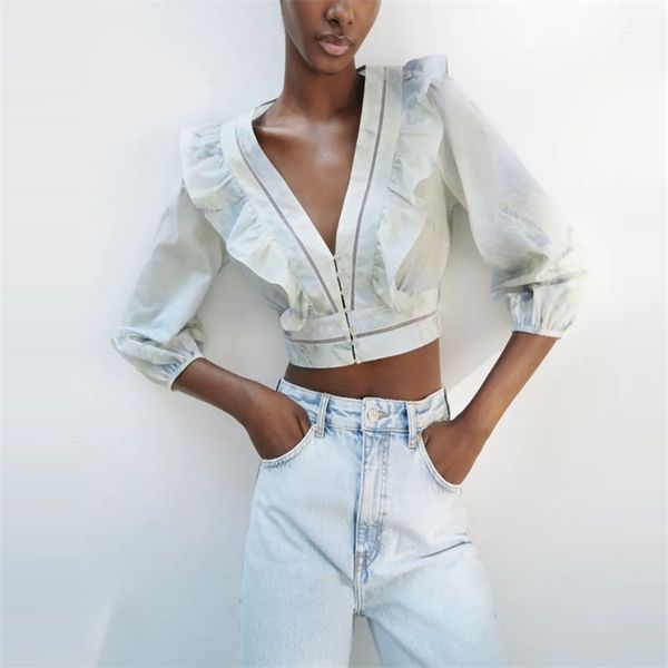 

shirts women ruffle tie dye cropped blouse puff sleeve vintage summer woman chic button up casual hollow out shirt 210524, White