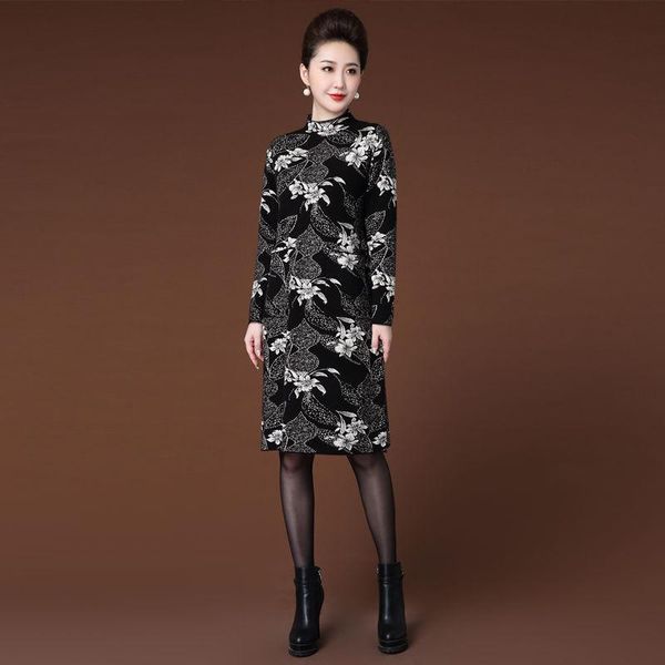 

casual dresses women 2021 autumn winter print knitted female mid-long sweater vestidos ladies half turtleneck loose dress v399, Black;gray