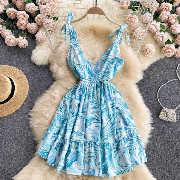 

casual dresses pinkou women ins baby blue print dress bow tie straps v neck back zipper sleeveless backless beach wear midi qa53, Black;gray