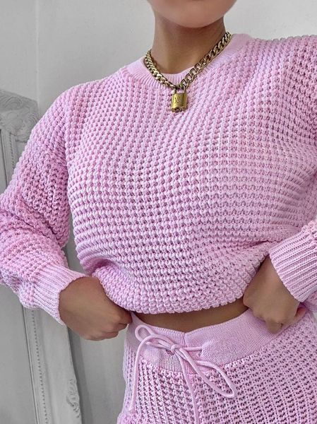 

casual knitted sweaters outfits womens pants fall winter two pieces solid long sleeve o neck jumper crop high waist, White