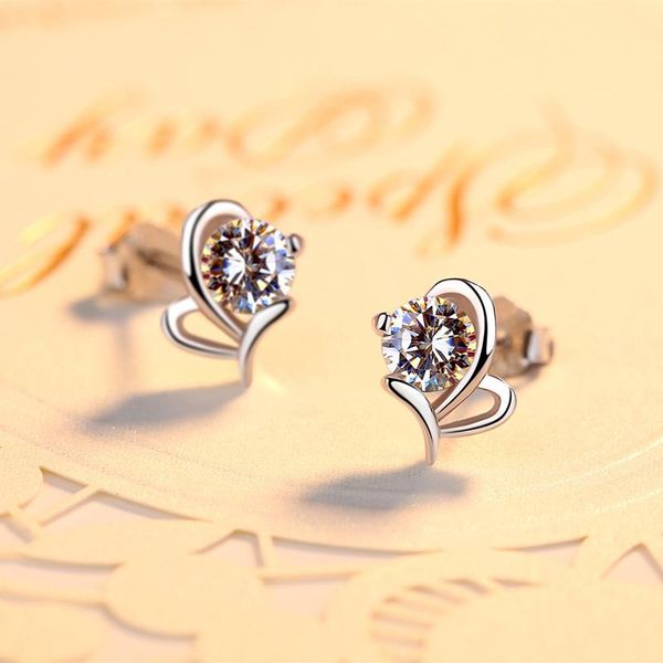 

stud 2021 fashion woman genuine shiny cubic zircon heart earring long female party jewelry 925 sterling silver earrings, Golden;silver
