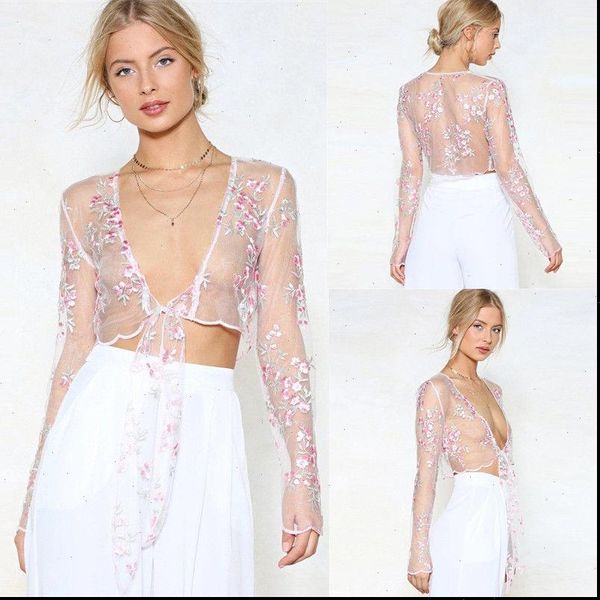 

summer fashion fairy mesh womens tanks sheer floral retro embroidered see through crop lace up elegant sexy, White