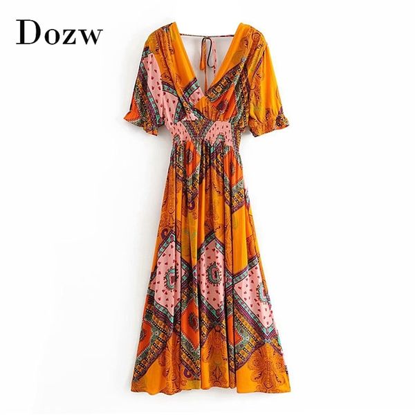 Moda Mulheres Impresso Vestido Longo V Neck Elastic Cintura Verão Boho es Ruffle Manga Curta Vintage MIDI 210515