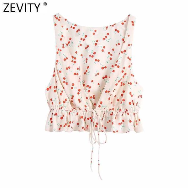 Zevity Donna Dolce Ciliegia Stampa Orlo Lace Up Ruffle Camicetta corta Grembiule Lady Camicia da spiaggia stile francese Chic Crop Blusas Top LS9364 210603