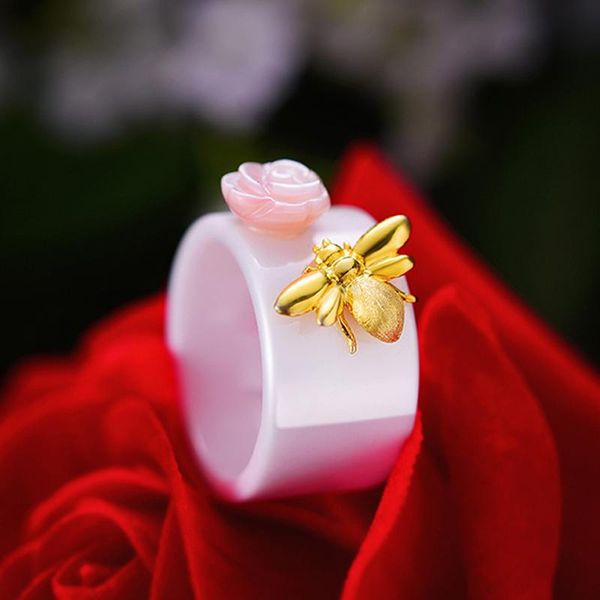 

cluster rings real 925 sterling silver ring natural handmade fine jewelry ceramics cute bee kiss from a rose for women, Golden;silver