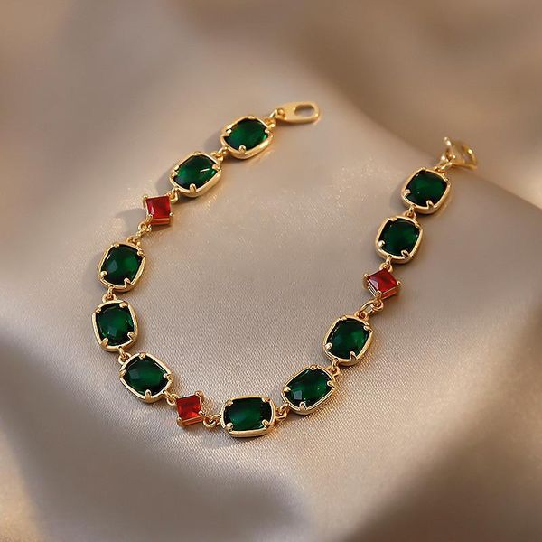 

link, chain vintage luxury green crystal geometric stainless steel gold bracelet women fashion cuff jewelry gift, Black